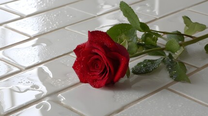Red Rose with Water Drops on Glossy White Tiles Surface