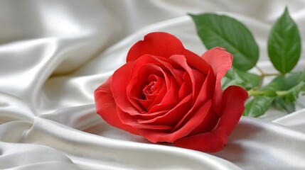 Elegant Red Rose on Soft Satin Fabric with Green Leaves