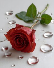 Elegant Red Rose with Raindrops on Petals and Clear Pearls