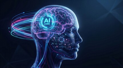 Obraz premium Artificial intelligence concept with digital human head and glowing brain