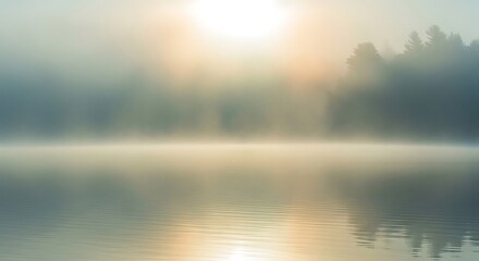 Fototapeta premium Misty morning sunrise over a tranquil forest lake.