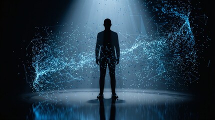 Silhouette of a man in a suit surrounded by digital data and light