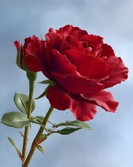 Beautiful Red Rose with Detailed Petals Against Soft Blue Background