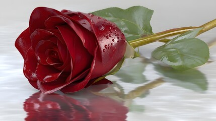 Beautiful Red Rose with Dew Drops on Calm Water Surface