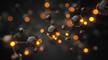 Abstract Molecular Structure with Glowing Spheres and Dark Background