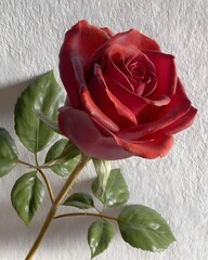 Romantic Red Rose with Dew Drops on Leafy Stem Against White Background