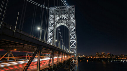 Naklejka premium George Washington Bridge at night with city lights and traffic trails