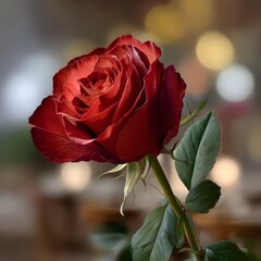 Beautiful Red Rose with Green Leaves and Soft Blurred Background