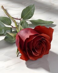 Realistic Red Rose on Marble Surface with Natural Shadows