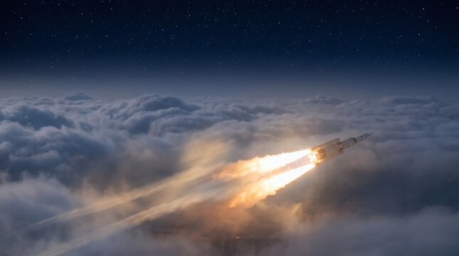 A rocket ship ascends through the clouds into the starry night sky
