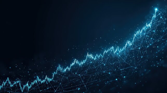 Abstract Upward Trending Blue Data Chart with Glowing Particles on Dark Background