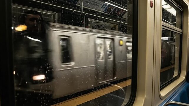 NYC subway speeding into darkness, cinematic urban travel adventure in New York