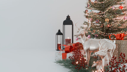 Christmas Deer Figurines with Gifts and Holiday Decorations on White Background