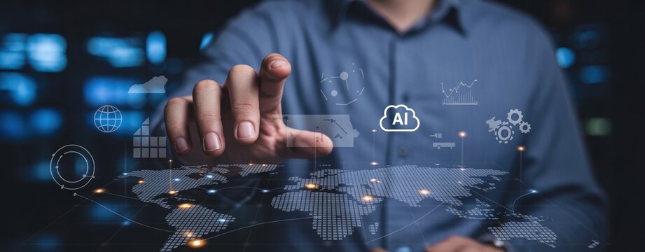 Person interacting with futuristic digital interface and cityscape overlay