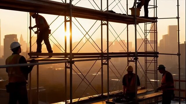 Urban Dawn Construction: Workers Building Skyscrapers at Sunrise