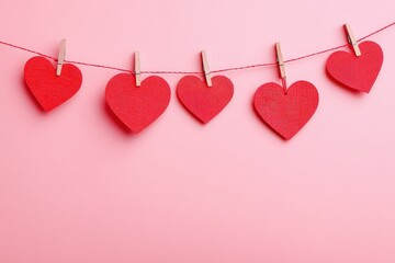 Five Red Heart Shapes Hanging From Wooden Clothespins on Pink Background Celebrating Love Symbolizing Affection in a Festive Decoration for Valentine's Day