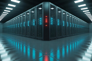Modern data center with rows of servers and blue and red lights