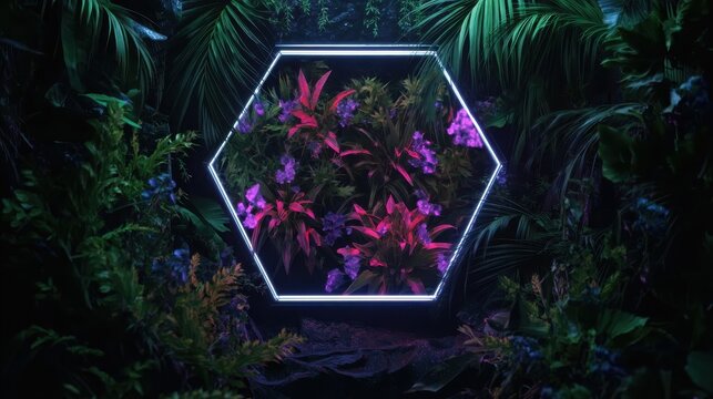 Illuminated tropical leaves background in blue and green, ideal for nature themes and dreamy visuals.