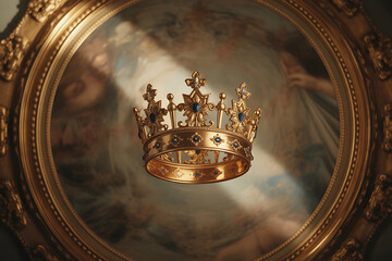 Golden crown with blue jewels rests within an ornate golden frame