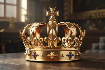 A golden royal crown with jewels sits on a wooden table in a dimly lit room