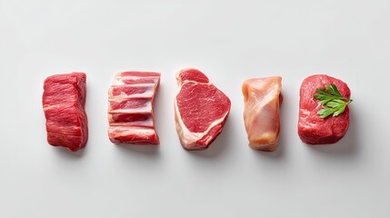 Assorted Cuts of Fresh Red Meat Displayed on a Bright Surface, Showcasing Different Textures and Colors for Culinary Inspiration and Cooking Ideas