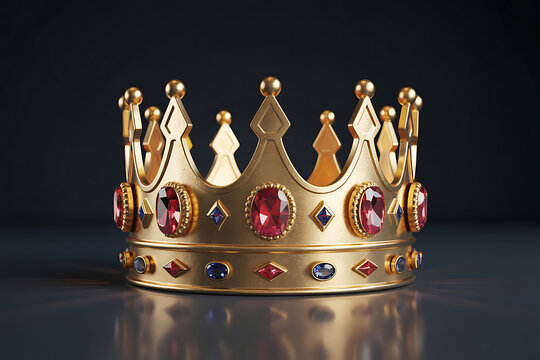 A golden crown featuring rubies and blue gemstones on a dark background