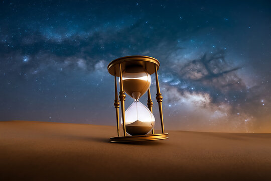 An hourglass in a desert under a starry night sky with the milky way visible
