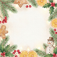 Background Christmas Watercolor Holiday Frame with Gingerbread Cookies Oranges and Cute Snowman