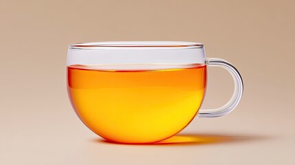 Crystal Clear Mug with Bright Orange Tea Against a Soft Neutral Background for Refreshing Beverage Concepts and Serene Atmospheres