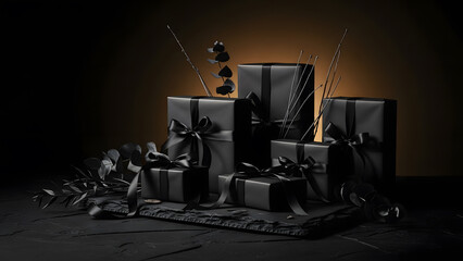 Luxury All-Black Gift Boxes with Ribbons on Dark Slate Background