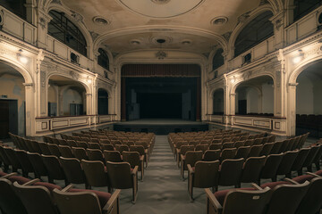 An abandoned theatre with ornate details and rows of empty seats facing the stage