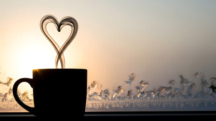 Coffee Cup Silhouette with Heart-Shaped Steam on Frosted Window