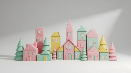 Pastel Colored Wooden Building Blocks Toy Town with Houses