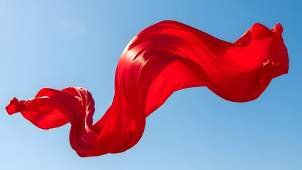 Red Silk Fabric Cloth Flying in the Wind Against Blue Sky