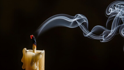 Extinguished Candle with Swirling White Smoke on Black