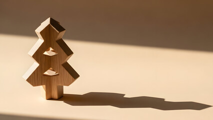 Modern Minimalist Wooden Christmas Tree with Hard Shadow on Beige