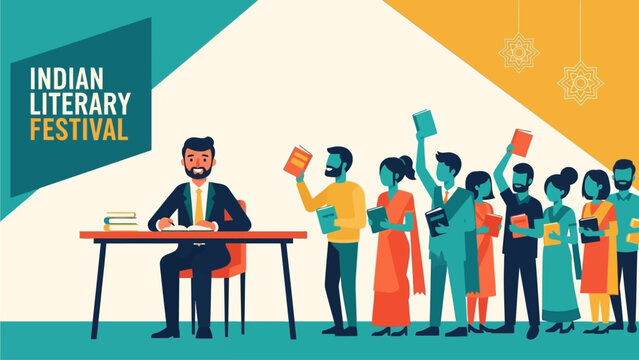 A vibrant flat design illustration capturing an Indian author engaging with readers during a book signing event at a literary festival. 