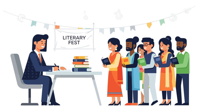 A vibrant flat design illustration capturing an Indian author engaging with readers during a book signing event at a literary festival. 