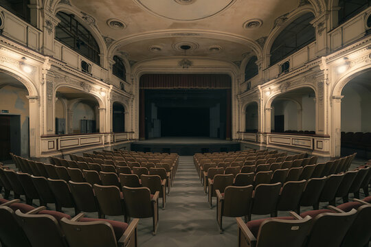 An abandoned theatre with ornate details and rows of empty seats facing the stage