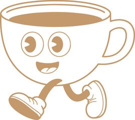 Cute coffee cup cartoon character vector illustration – happy running mug mascot in black and white line art style for cafe or fun design