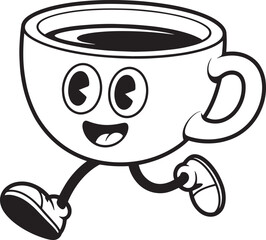 Cute coffee cup cartoon character vector illustration – happy running mug mascot in black and white line art style for cafe or fun design