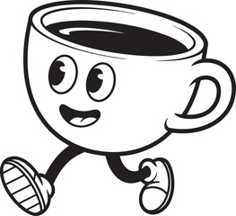 Cute coffee cup cartoon character vector illustration – happy running mug mascot in black and white line art style for cafe or fun design