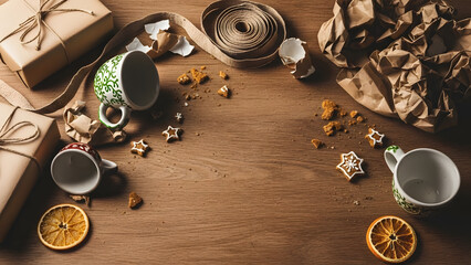 Messy Rustic Gift Wrapping Table with Kraft Paper and Spices