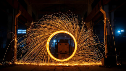 Long Exposure Steel Wool Fire Sparks Circle in Abandoned Factory