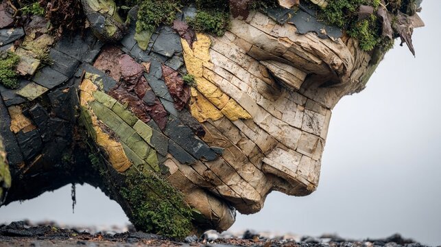a close-up view of a giant statue's trunk covered in moss and lichen