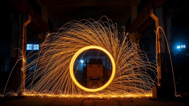 Long Exposure Steel Wool Fire Sparks Circle in Abandoned Factory