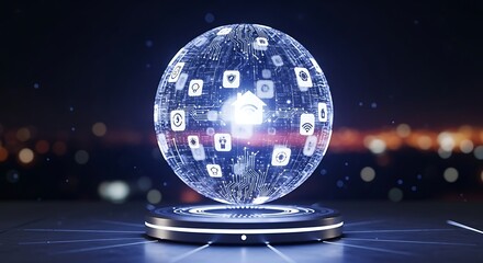 Futuristic Smart Home Technology Globe with Icons and Circuitry network internet