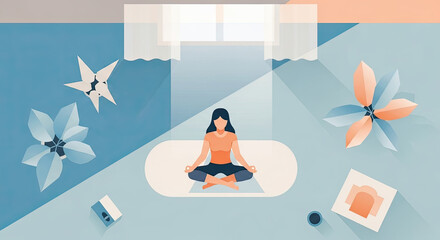 Obraz premium Embracing tranquility for a fresh start A woman meditating in a peaceful home setting, symbolizing wellness and mindful living for the new year, 2026