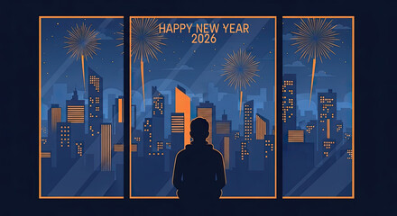 A solitary figure observes the new year 2026 fireworks over a futuristic city skyline, contemplating the future