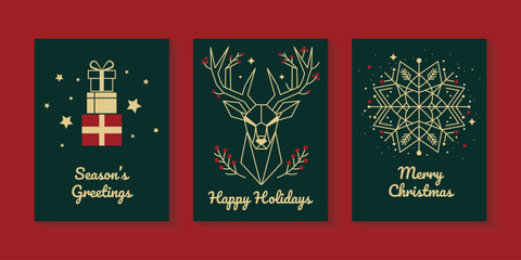 Set of Vector Seasonal Greeting Cards for Christmas, New Year: Gifts, Geometric Deer, Christmas Star - Gold on Dark Green Background